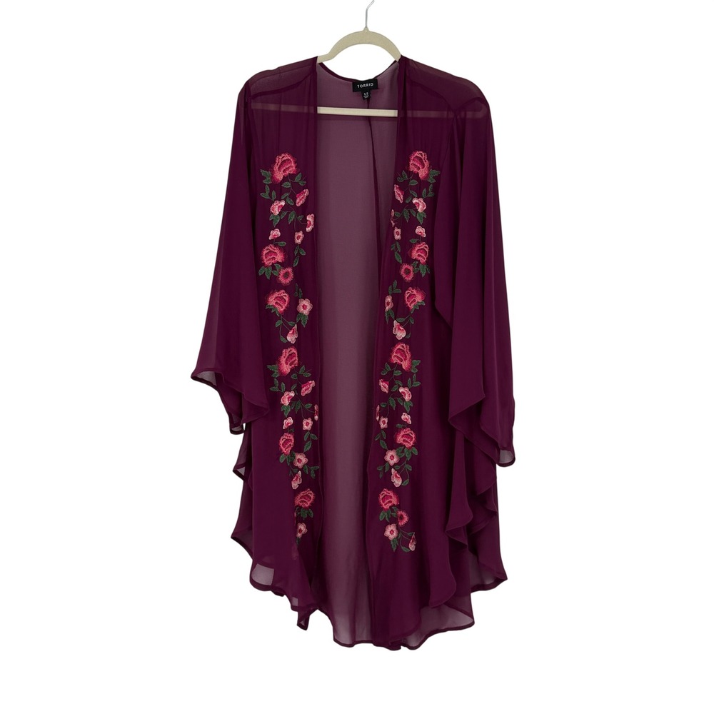 Torrid Womens Burgundy Floral Embroidered Chiffon Kimono Cardigan Size 1/2 Boho